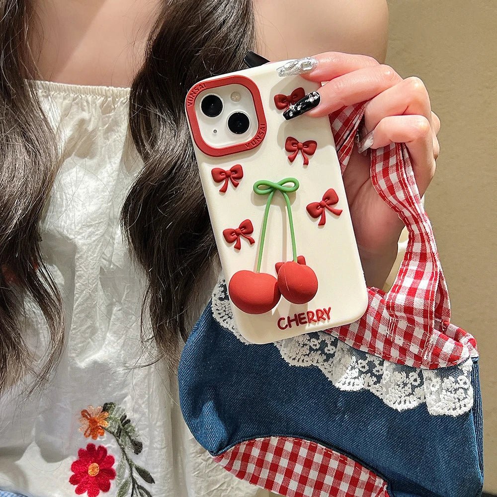 3D Bow Cherry Pendant iPhone Case - MINISO Shockproof Silicone Soft Cover - AKM CASE|iPhone Case & Accesories Worldwide