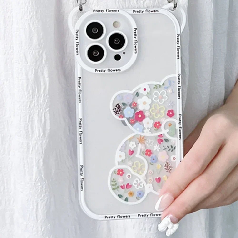 Cute Cartoon Flowers Bear Crossbody Phone Case for iPhone - AKM CASE|iPhone Case & Accesories Worldwide