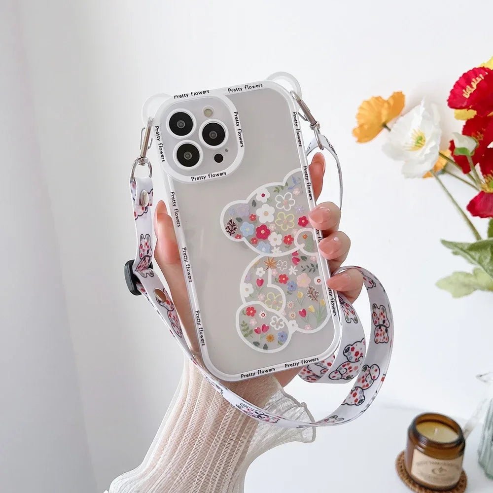 Cute Cartoon Flowers Bear Crossbody Phone Case for iPhone - AKM CASE|iPhone Case & Accesories Worldwide