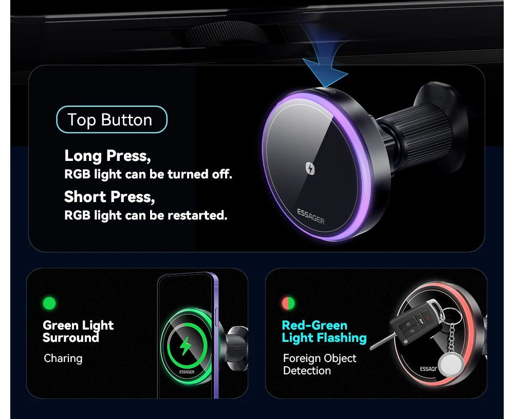 Essager Magnetic Car Phone Holder 15W Wireless Charger Stand Car Mount Charger for Magsafe LED Light - AKM CASE|iPhone Case & Accesories Worldwide