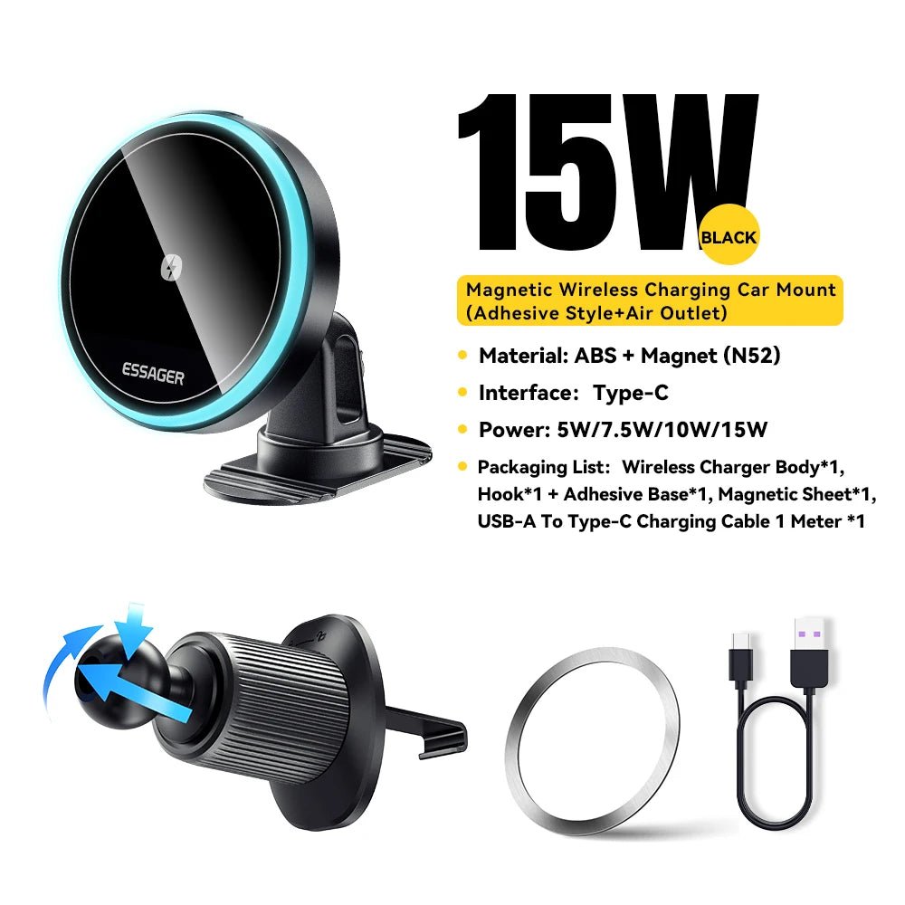 Essager Magnetic Car Phone Holder 15W Wireless Charger Stand Car Mount Charger for Magsafe LED Light - AKM CASE|iPhone Case & Accesories Worldwide