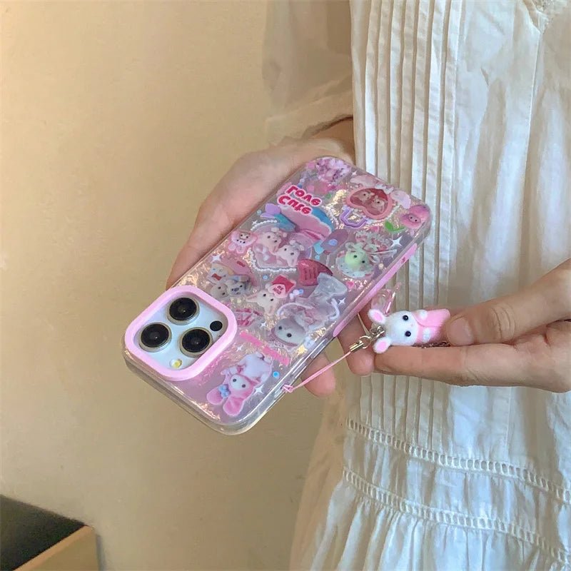 Luxury Laser Rainbow Cute Cat Cartoon Phone Case for iPhone 12 - 16 Pro Max with Lanyard - MINISO - AKM CASE|iPhone Case & Accesories Worldwide