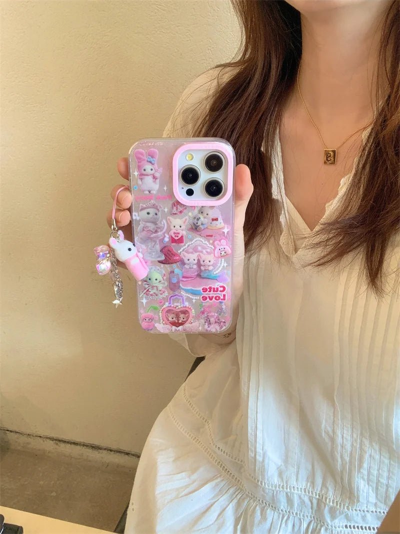 Luxury Laser Rainbow Cute Cat Cartoon Phone Case for iPhone 12 - 16 Pro Max with Lanyard - MINISO - AKM CASE|iPhone Case & Accesories Worldwide