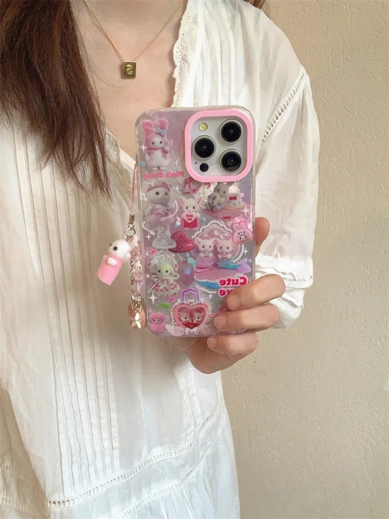 Luxury Laser Rainbow Cute Cat Cartoon Phone Case for iPhone 12 - 16 Pro Max with Lanyard - MINISO - AKM CASE|iPhone Case & Accesories Worldwide