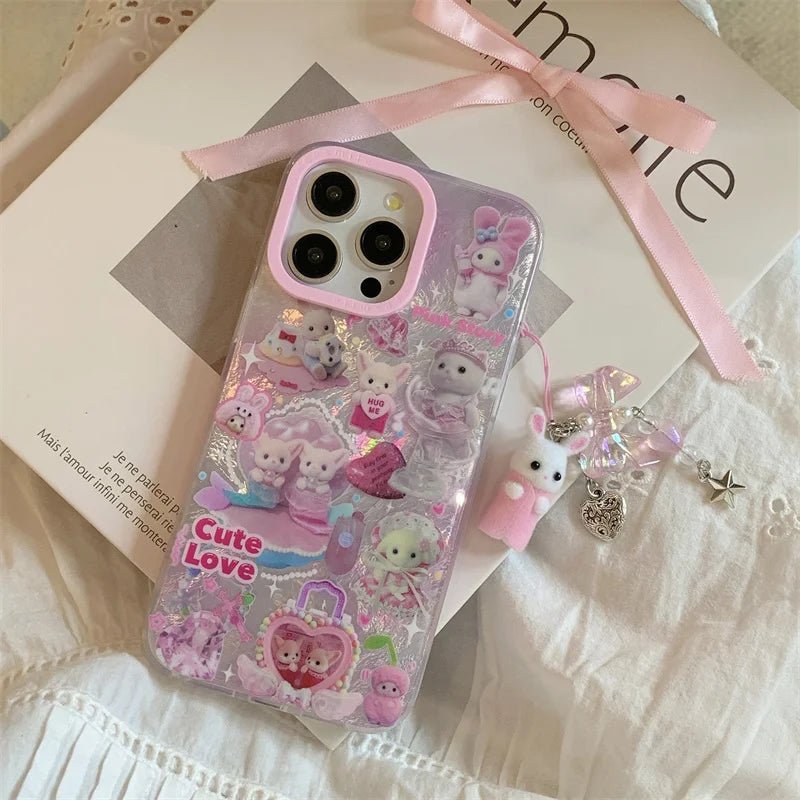 Luxury Laser Rainbow Cute Cat Cartoon Phone Case for iPhone 12 - 16 Pro Max with Lanyard - MINISO - AKM CASE|iPhone Case & Accesories Worldwide