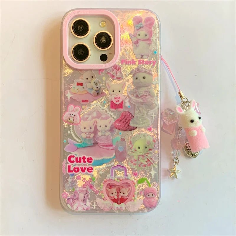 Luxury Laser Rainbow Cute Cat Cartoon Phone Case for iPhone 12 - 16 Pro Max with Lanyard - MINISO - AKM CASE|iPhone Case & Accesories Worldwide