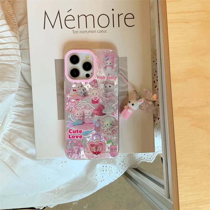 Luxury Laser Rainbow Cute Cat Cartoon Phone Case for iPhone 12 - 16 Pro Max with Lanyard - MINISO - AKM CASE|iPhone Case & Accesories Worldwide