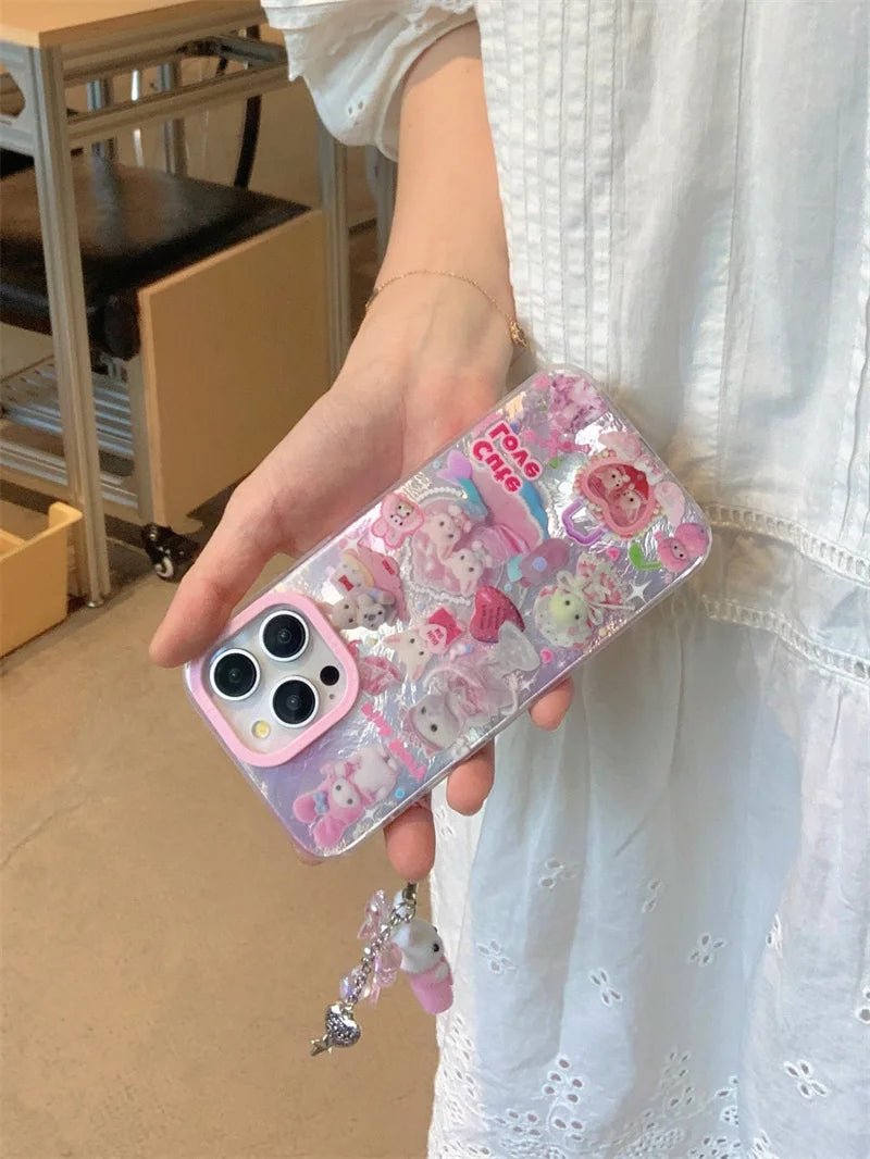 Luxury Laser Rainbow Cute Cat Cartoon Phone Case for iPhone 12 - 16 Pro Max with Lanyard - MINISO - AKM CASE|iPhone Case & Accesories Worldwide