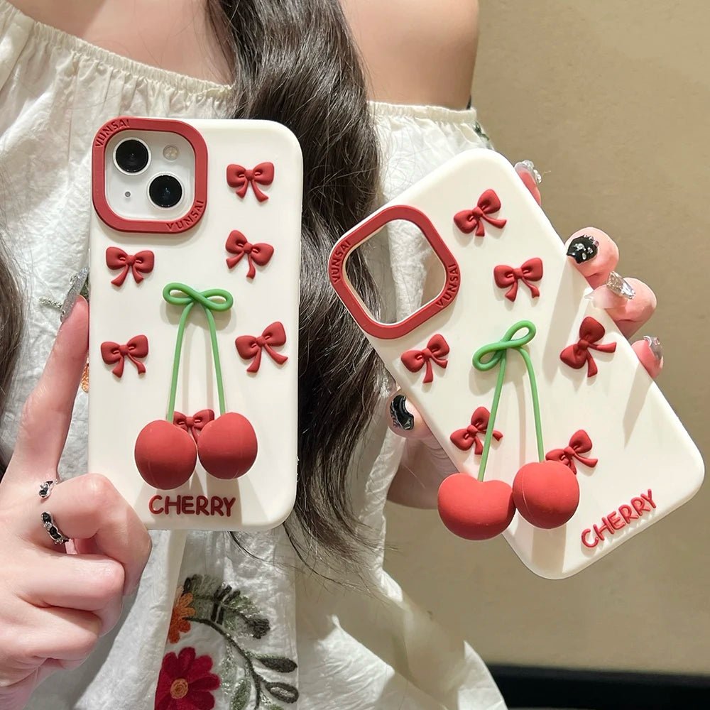3D Bow Cherry Pendant iPhone Case - MINISO Shockproof Silicone Soft Cover - AKM CASE｜iPhone Case & Accesories Worldwide