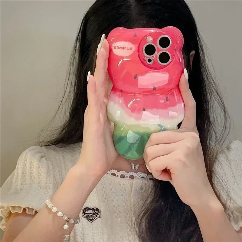 Cartoon 3D Watermelon Bear Phone Case for iPhone 11 - 15 Pro Max - Drop - Resistant - AKM CASE｜iPhone Case & Accesories Worldwide