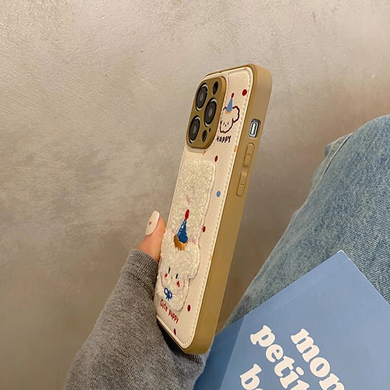 Cartoon Cute Towel Embroidered Dog Phone Case for iPhone 11 - 16 Pro Max - Leather Drum Bag Cover - AKM CASE｜iPhone Case & Accesories Worldwide