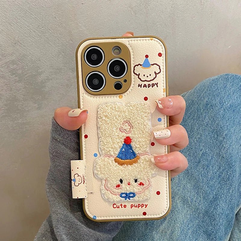 Cartoon Cute Towel Embroidered Dog Phone Case for iPhone 11 - 16 Pro Max - Leather Drum Bag Cover - AKM CASE｜iPhone Case & Accesories Worldwide