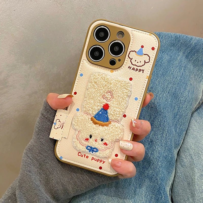 Cartoon Cute Towel Embroidered Dog Phone Case for iPhone 11 - 16 Pro Max - Leather Drum Bag Cover - AKM CASE｜iPhone Case & Accesories Worldwide