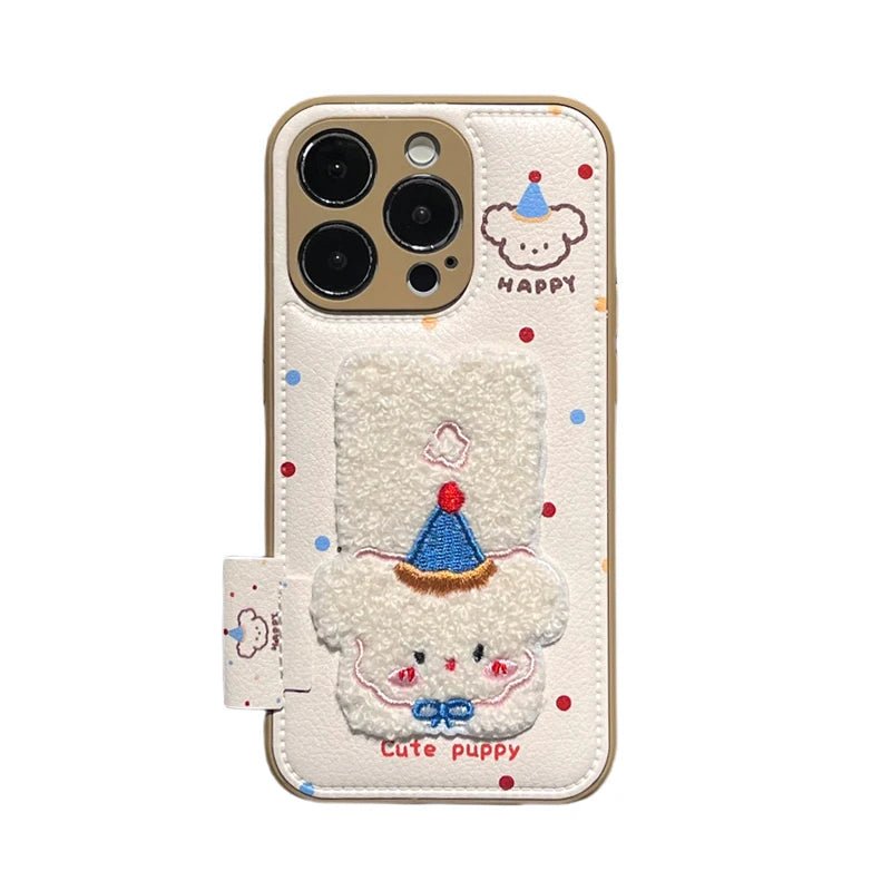 Cartoon Cute Towel Embroidered Dog Phone Case for iPhone 11 - 16 Pro Max - Leather Drum Bag Cover - AKM CASE｜iPhone Case & Accesories Worldwide