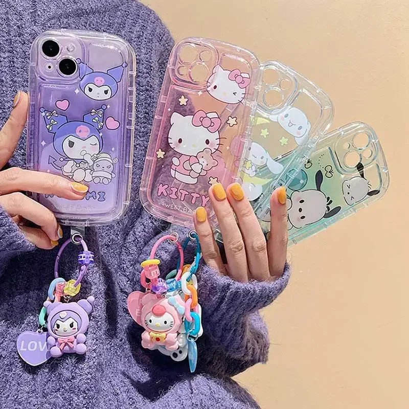 Cartoon Hello Kitty Kuromi 3D Dog Chain iPhone Case - MINISO Clear Soft Cover - AKM CASE｜iPhone Case & Accesories Worldwide