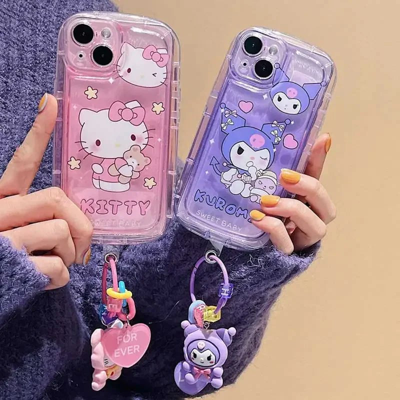 Cartoon Hello Kitty Kuromi 3D Dog Chain iPhone Case - MINISO Clear Soft Cover - AKM CASE｜iPhone Case & Accesories Worldwide