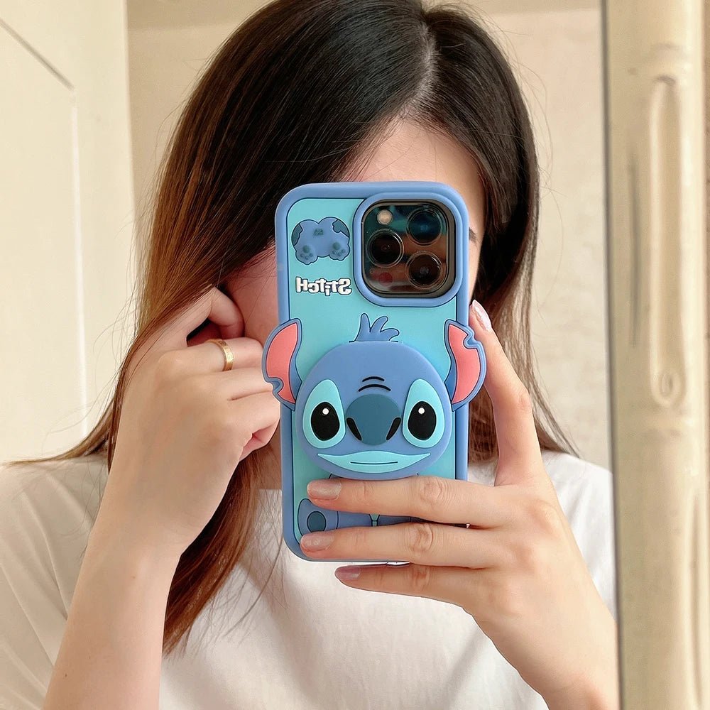 Cute 3D Cartoon Stitch with Mirror Holder Soft Silicone iPhone Case - AKM CASE｜iPhone Case & Accesories Worldwide
