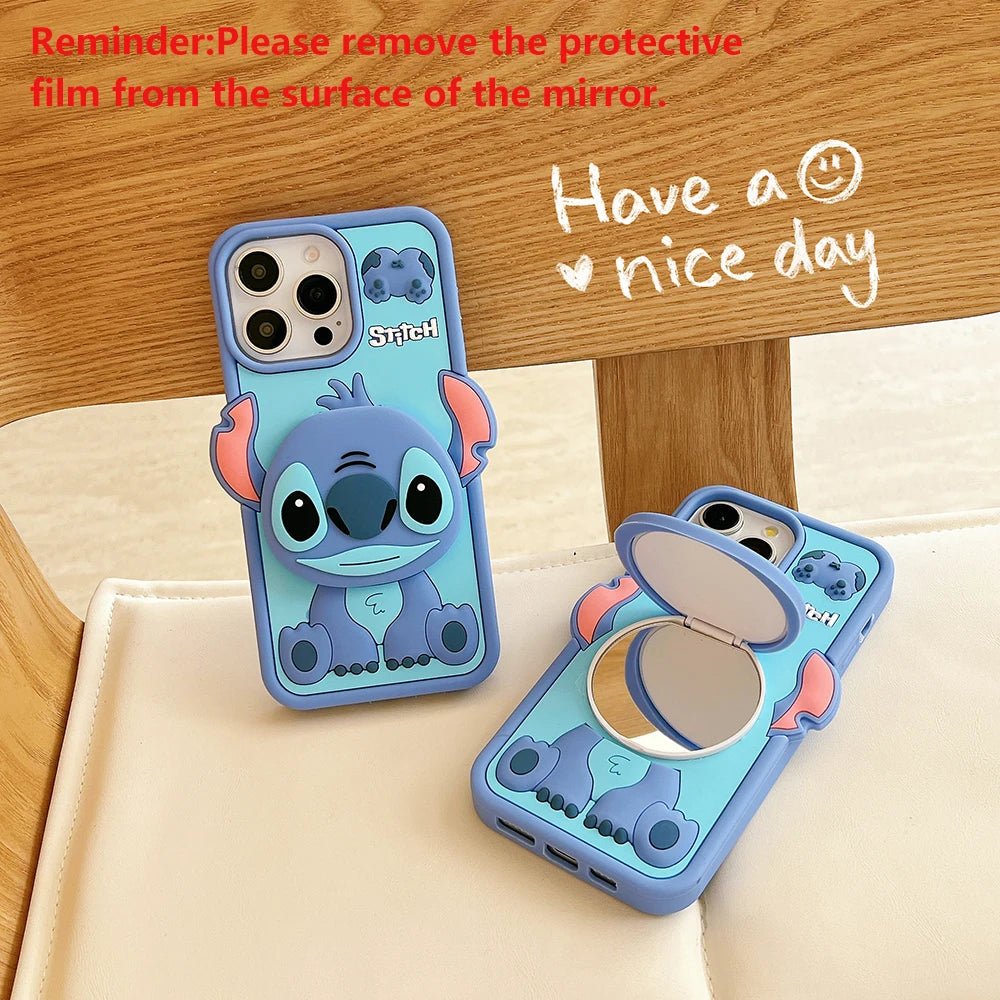 Cute 3D Cartoon Stitch with Mirror Holder Soft Silicone iPhone Case - AKM CASE｜iPhone Case & Accesories Worldwide