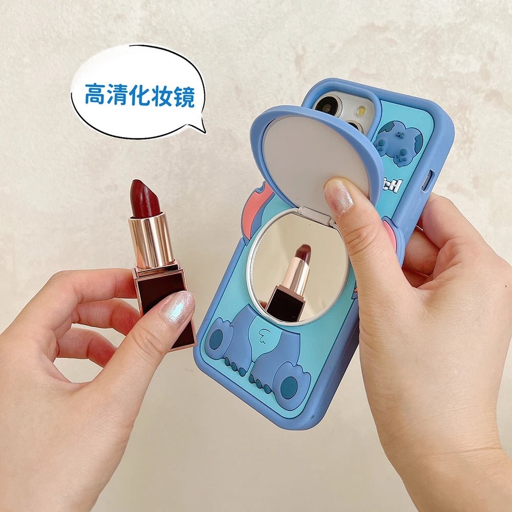 Cute 3D Cartoon Stitch with Mirror Holder Soft Silicone iPhone Case - AKM CASE｜iPhone Case & Accesories Worldwide