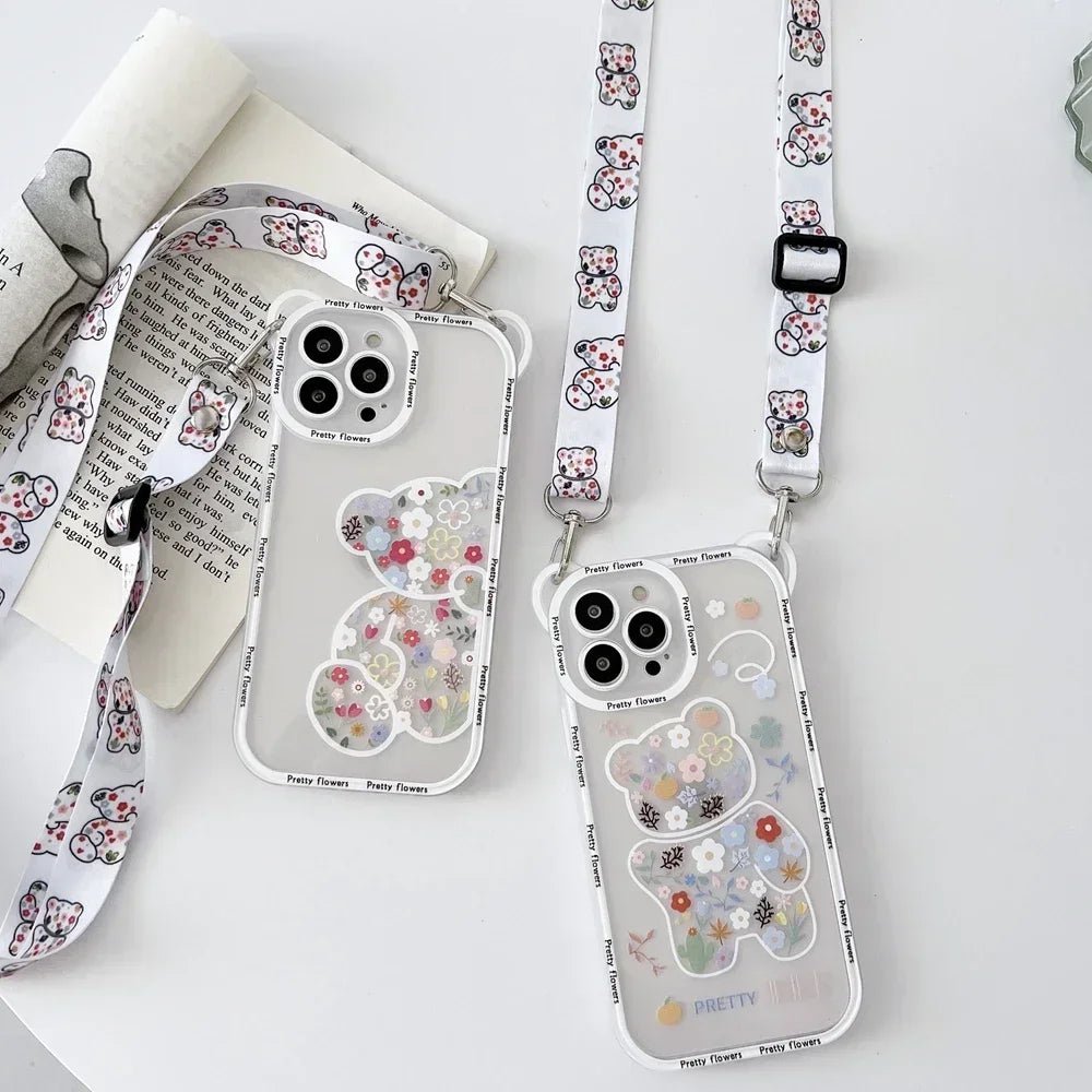 Cute Cartoon Flowers Bear Crossbody Phone Case for iPhone - AKM CASE｜iPhone Case & Accesories Worldwide