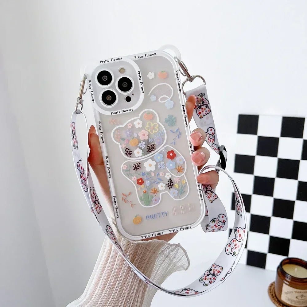 Cute Cartoon Flowers Bear Crossbody Phone Case for iPhone - AKM CASE｜iPhone Case & Accesories Worldwide