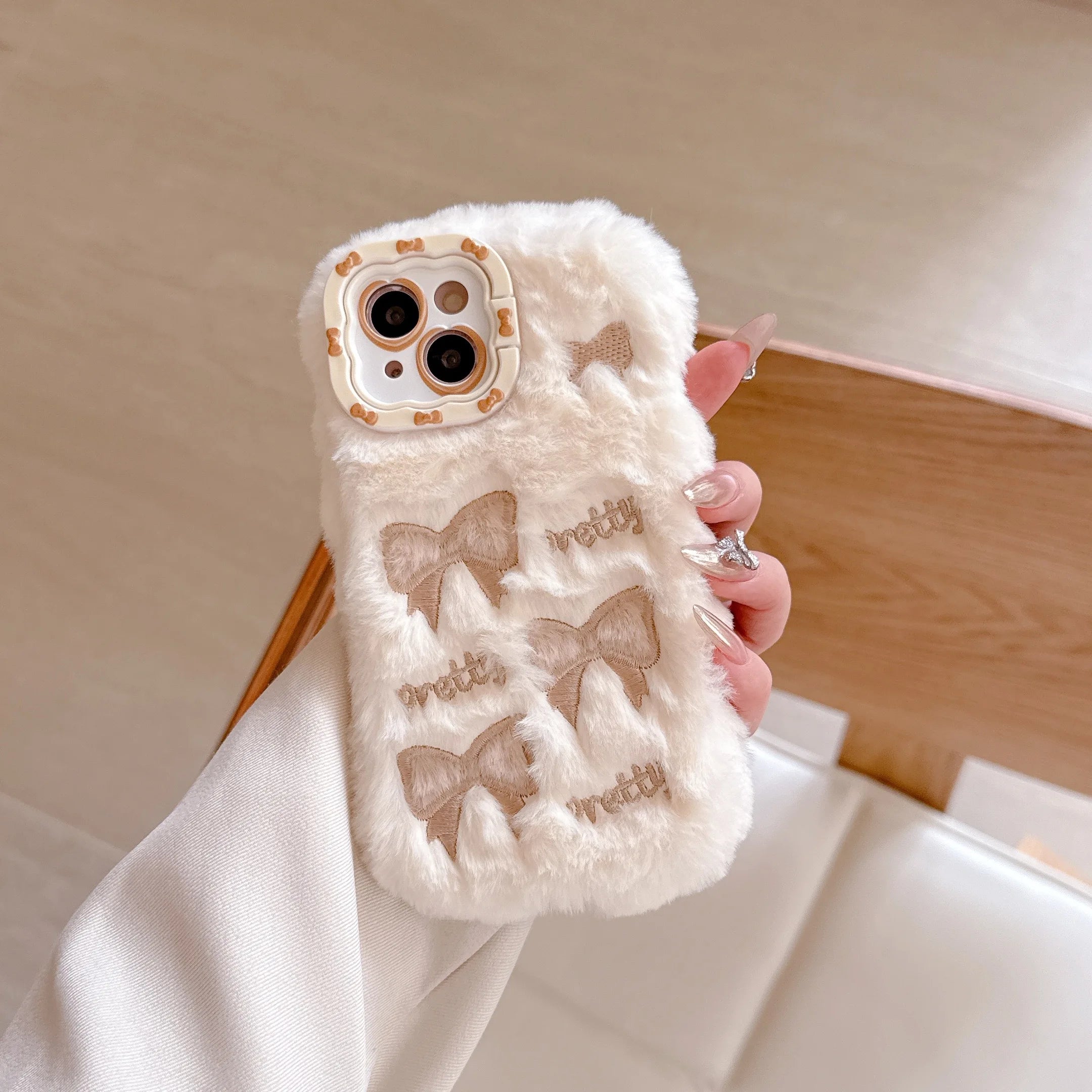 Cute Embroidered Bow Plush Phone Case for Girls - AKM CASE｜iPhone Case & Accesories Worldwide