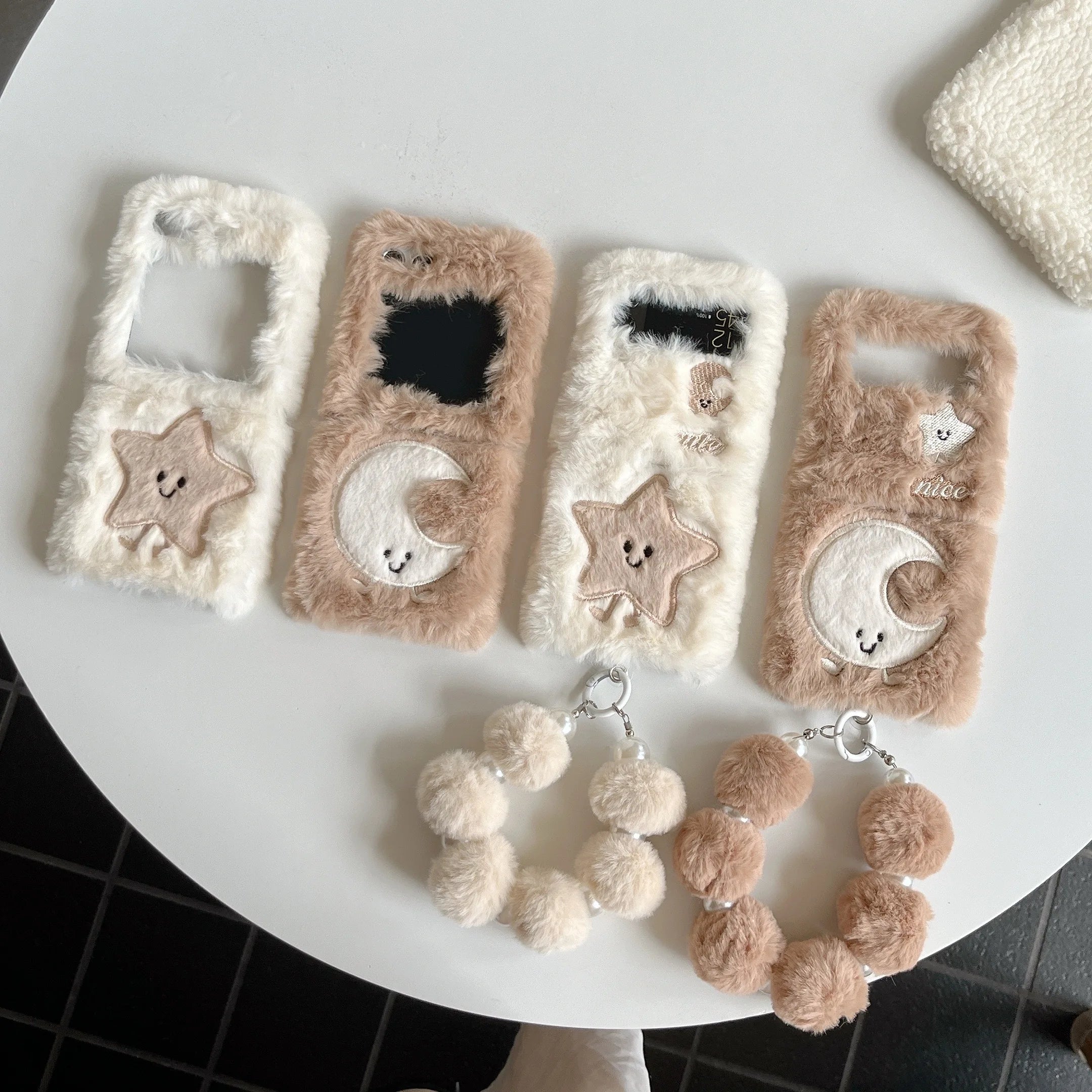 Cute Embroidered Moon Star Folding Plush Phone Case with Chain - AKM CASE｜iPhone Case & Accesories Worldwide
