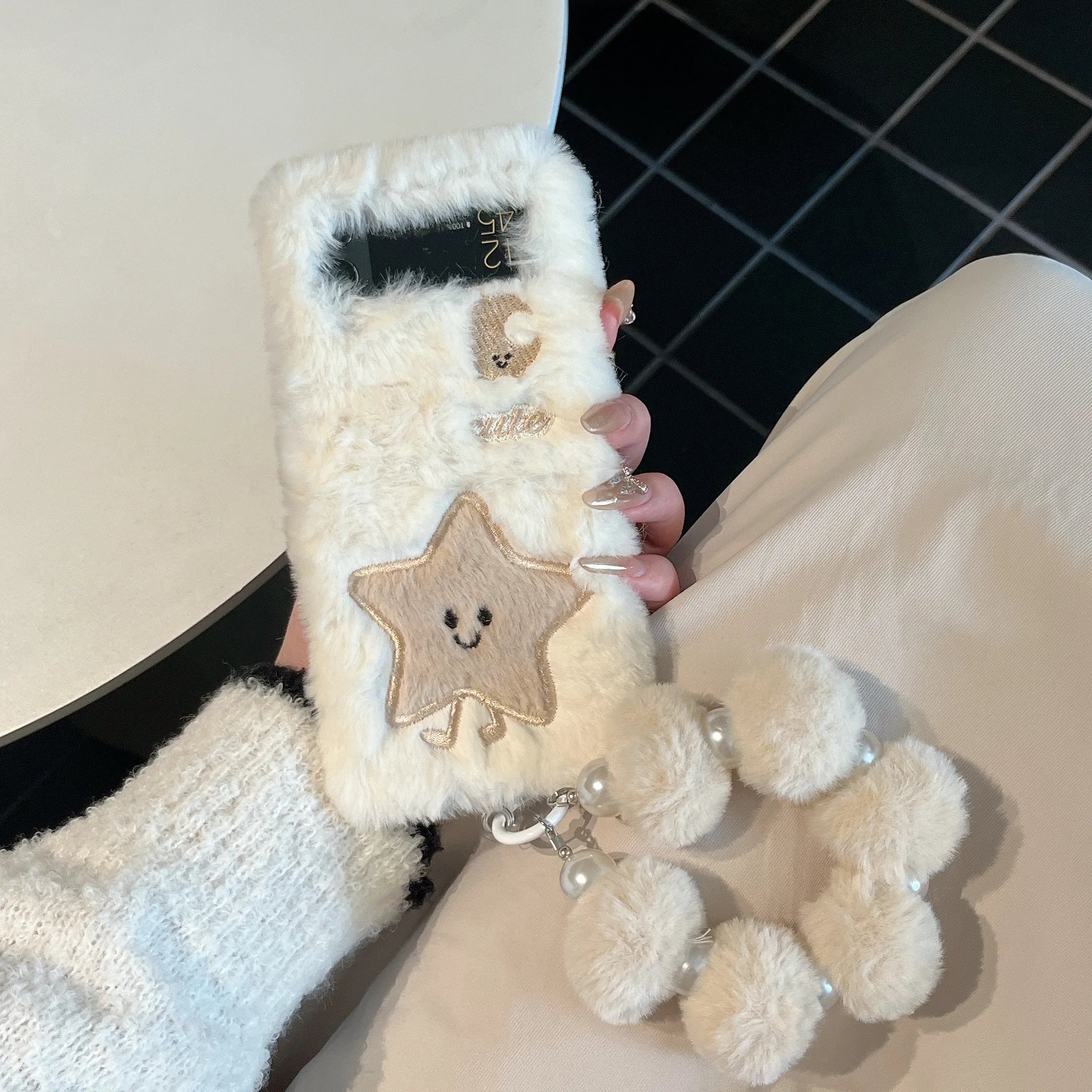 Cute Embroidered Moon Star Folding Plush Phone Case with Chain - AKM CASE｜iPhone Case & Accesories Worldwide