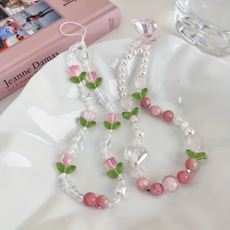 Cute Peach Beaded Mobile Phone Charm Strap Chain, Women Sweet Girls Jewelry, Pearl Cellphone Flower Lanyard for iPhone Keychain - AKM CASE｜iPhone Case & Accesories Worldwide
