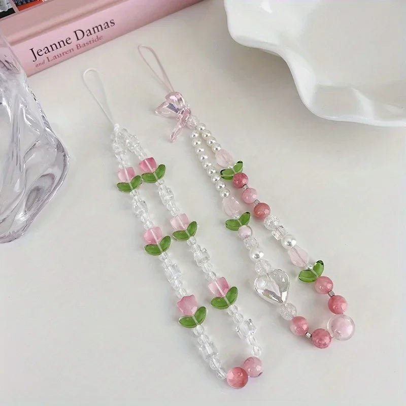 Cute Peach Beaded Mobile Phone Charm Strap Chain, Women Sweet Girls Jewelry, Pearl Cellphone Flower Lanyard for iPhone Keychain - AKM CASE｜iPhone Case & Accesories Worldwide