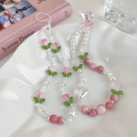Cute Peach Beaded Mobile Phone Charm Strap Chain, Women Sweet Girls Jewelry, Pearl Cellphone Flower Lanyard for iPhone Keychain - AKM CASE｜iPhone Case & Accesories Worldwide