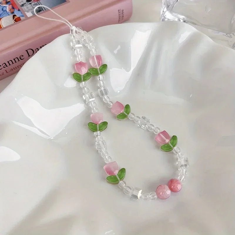 Cute Peach Beaded Mobile Phone Charm Strap Chain, Women Sweet Girls Jewelry, Pearl Cellphone Flower Lanyard for iPhone Keychain - AKM CASE｜iPhone Case & Accesories Worldwide