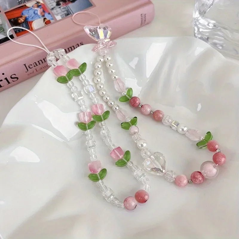 Cute Peach Beaded Mobile Phone Charm Strap Chain, Women Sweet Girls Jewelry, Pearl Cellphone Flower Lanyard for iPhone Keychain - AKM CASE｜iPhone Case & Accesories Worldwide