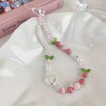 Cute Peach Beaded Mobile Phone Charm Strap Chain, Women Sweet Girls Jewelry, Pearl Cellphone Flower Lanyard for iPhone Keychain - AKM CASE｜iPhone Case & Accesories Worldwide
