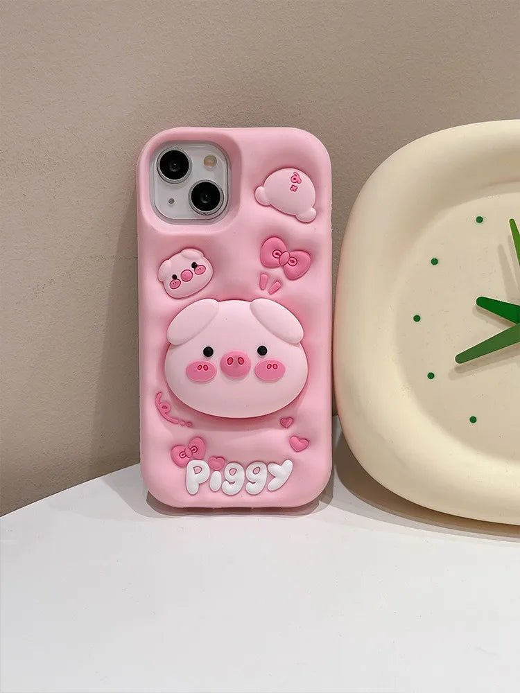 Cute Pig Telescopic Bracket iPhone Case - KASONPAI 3D Silicone Stand Cover - AKM CASE｜iPhone Case & Accesories Worldwide