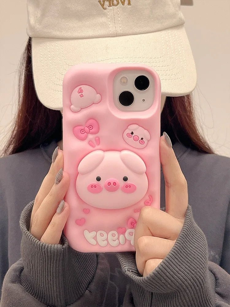 Cute Pig Telescopic Bracket iPhone Case - KASONPAI 3D Silicone Stand Cover - AKM CASE｜iPhone Case & Accesories Worldwide