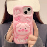 Cute Pig Telescopic Bracket iPhone Case - KASONPAI 3D Silicone Stand Cover - AKM CASE｜iPhone Case & Accesories Worldwide