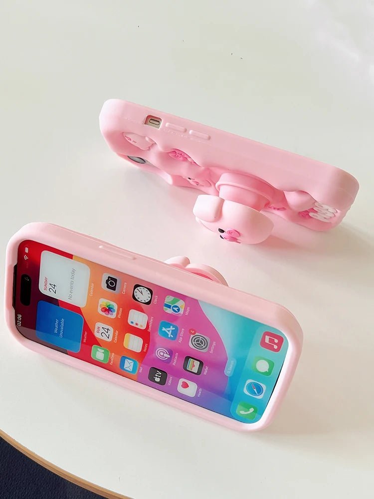 Cute Pig Telescopic Bracket iPhone Case - KASONPAI 3D Silicone Stand Cover - AKM CASE｜iPhone Case & Accesories Worldwide