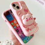 Cute Pig Telescopic Bracket iPhone Case - KASONPAI 3D Silicone Stand Cover - AKM CASE｜iPhone Case & Accesories Worldwide