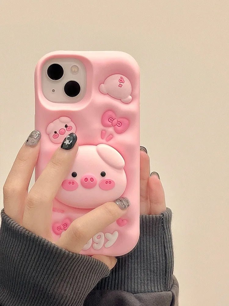 Cute Pig Telescopic Bracket iPhone Case - KASONPAI 3D Silicone Stand Cover - AKM CASE｜iPhone Case & Accesories Worldwide