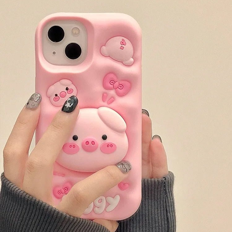 Cute Pig Telescopic Bracket iPhone Case - KASONPAI 3D Silicone Stand Cover - AKM CASE｜iPhone Case & Accesories Worldwide