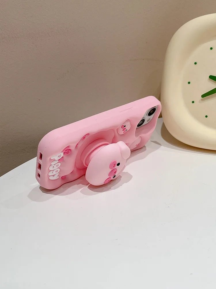 Cute Pig Telescopic Bracket iPhone Case - KASONPAI 3D Silicone Stand Cover - AKM CASE｜iPhone Case & Accesories Worldwide