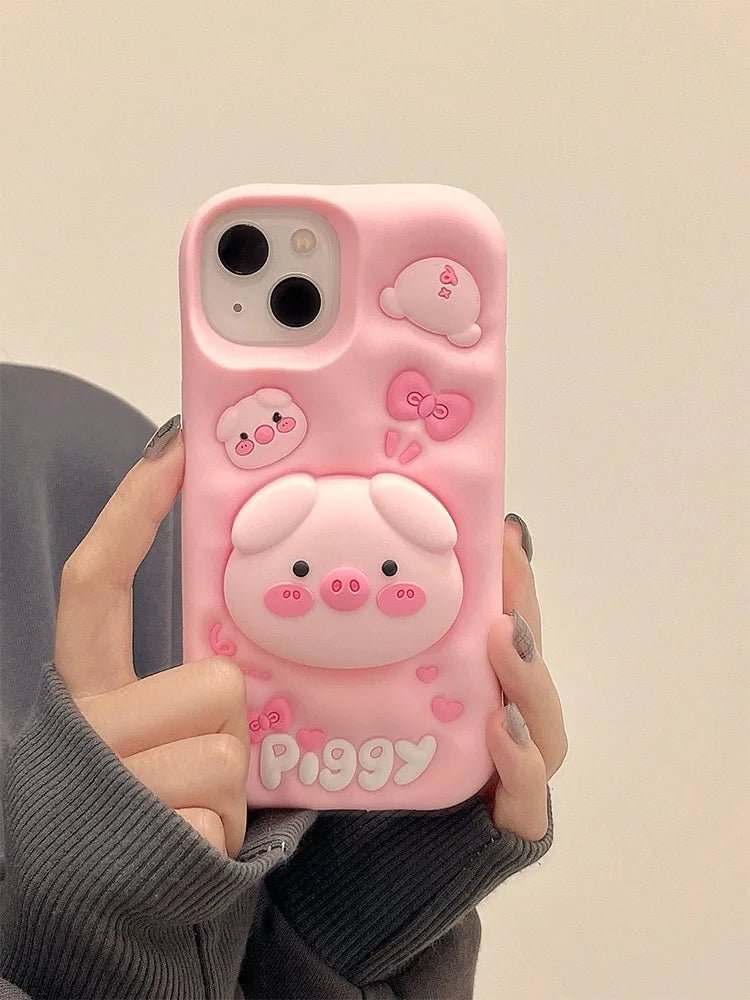 Cute Pig Telescopic Bracket iPhone Case - KASONPAI 3D Silicone Stand Cover - AKM CASE｜iPhone Case & Accesories Worldwide