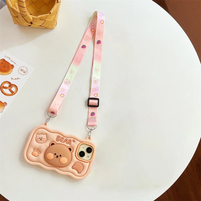 Cute Stand Pig & Bear Phone Case with Crossbody Lanyard for iPhone 11 - 16 Pro Max - AKM CASE｜iPhone Case & Accesories Worldwide