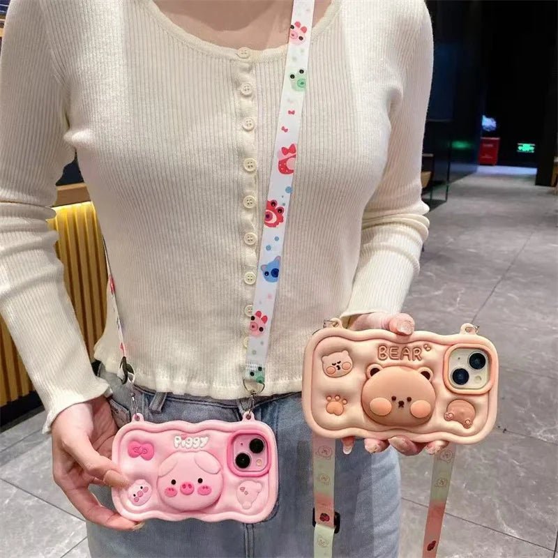 Cute Stand Pig & Bear Phone Case with Crossbody Lanyard for iPhone 11 - 16 Pro Max - AKM CASE｜iPhone Case & Accesories Worldwide