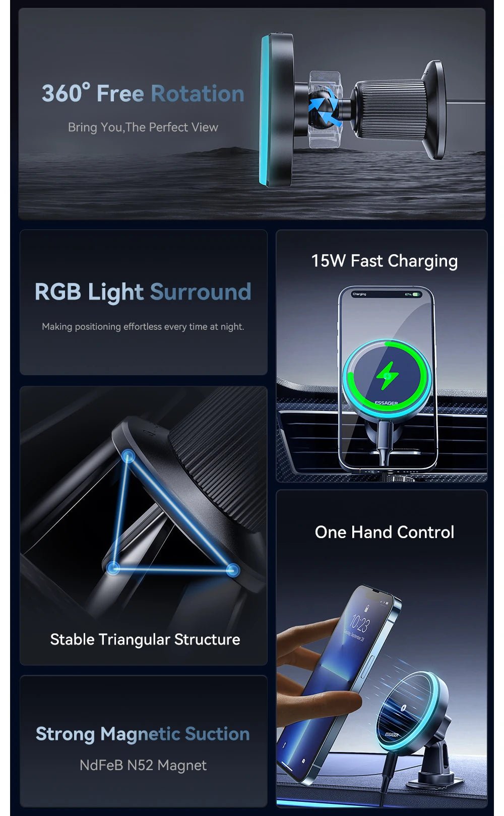 Essager Magnetic Car Phone Holder 15W Wireless Charger Stand Car Mount Charger for Magsafe LED Light - AKM CASE｜iPhone Case & Accesories Worldwide