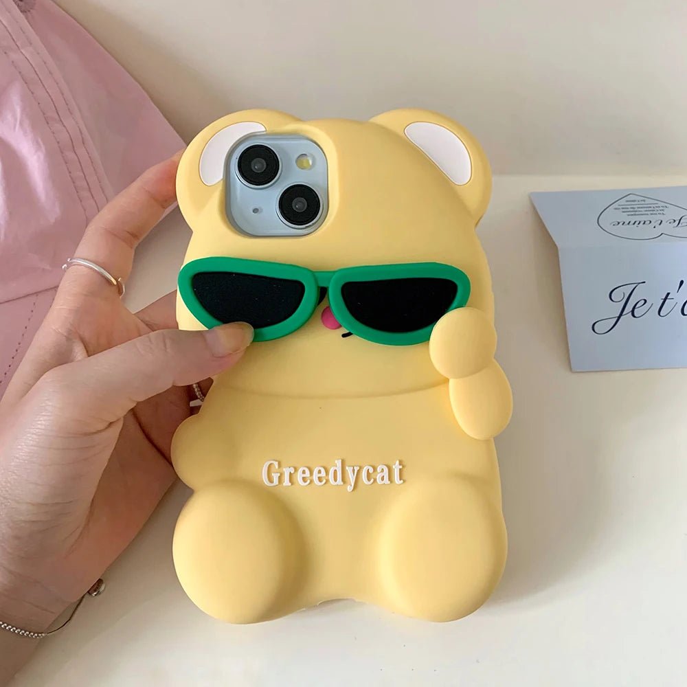 Funny Glasses Bear iPhone Case - MINISO Cute 3D Cartoon Shockproof Silicone Cover - AKM CASE｜iPhone Case & Accesories Worldwide
