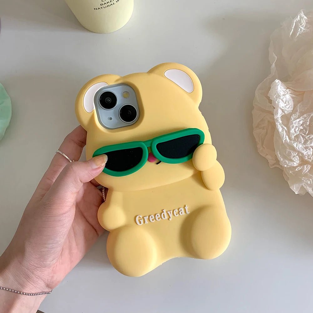 Funny Glasses Bear iPhone Case - MINISO Cute 3D Cartoon Shockproof Silicone Cover - AKM CASE｜iPhone Case & Accesories Worldwide