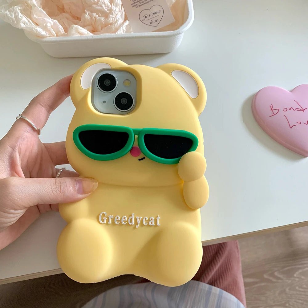 Funny Glasses Bear iPhone Case - MINISO Cute 3D Cartoon Shockproof Silicone Cover - AKM CASE｜iPhone Case & Accesories Worldwide