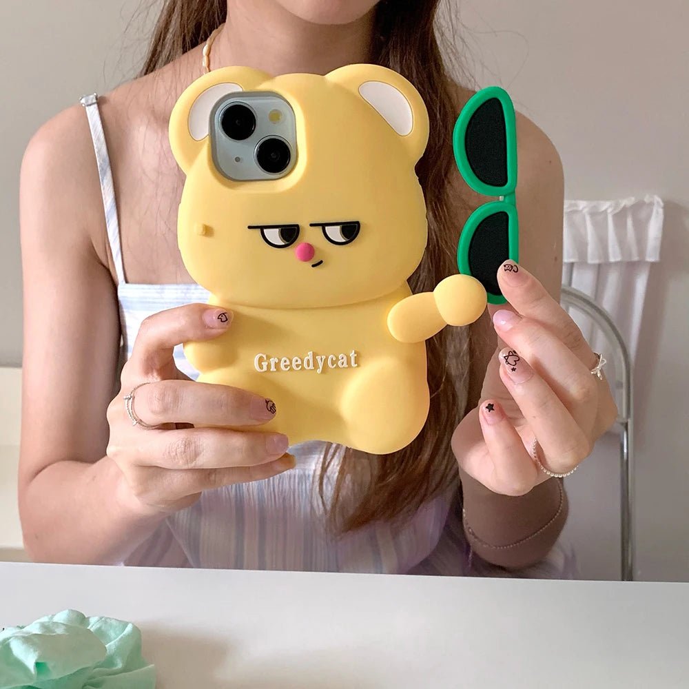 Funny Glasses Bear iPhone Case - MINISO Cute 3D Cartoon Shockproof Silicone Cover - AKM CASE｜iPhone Case & Accesories Worldwide